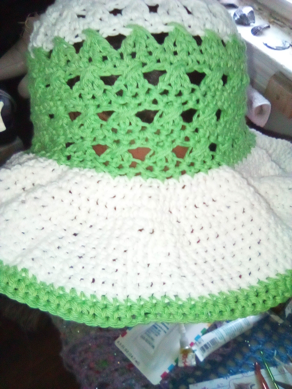 Hand-Crocheted Wide Brim Sun Hat in White and Green
